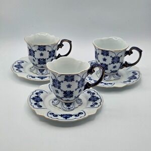 Bombay Coffee Star Design Cobalt Blue/Gold/White Footed Cups & Saucers set of 3